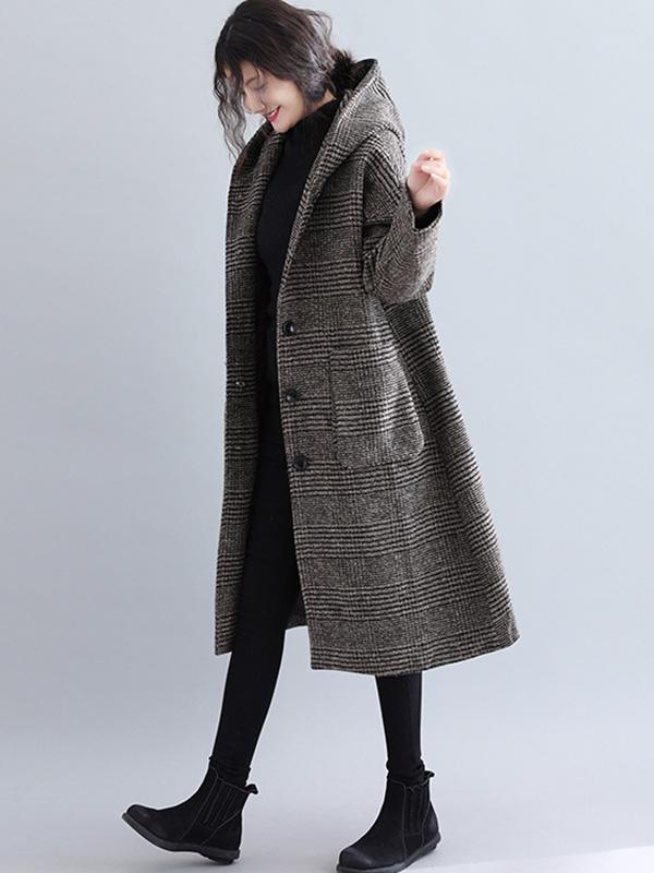 flowersverse Loose Plaid Woolen Hood Coat