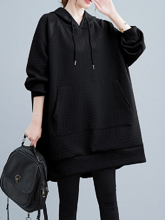 flowersverse Buttoned Drawstring Pockets Solid Color Split-side High-low Long Sleeves Hooded Hoodies Tops