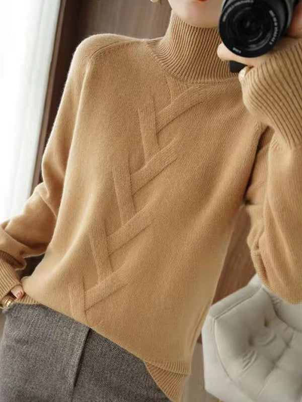 flowersverse Casual Loose Long Sleeves Solid Color High-Neck Sweater Tops