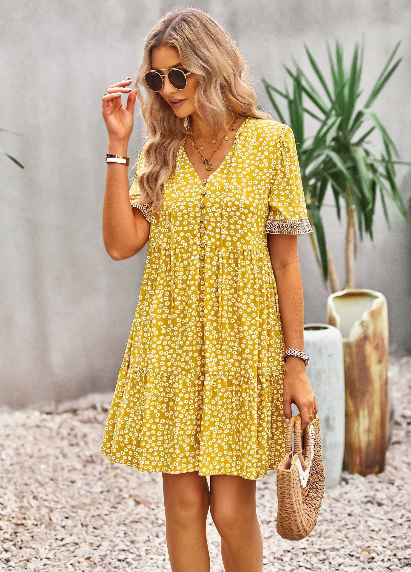 flowersverse Floral Buttoned Puff Sleeve Dress