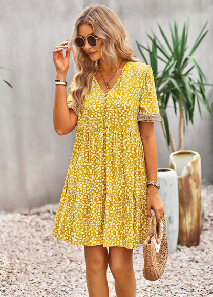 flowersverse Floral Buttoned Puff Sleeve Dress