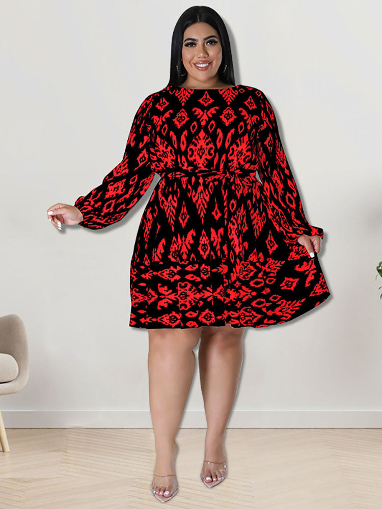 flowersverse Plus Size Long Sleeves Round Neck Midi Dresses