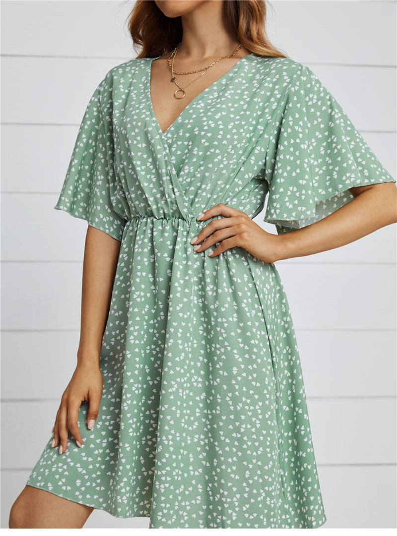 flowersverse Spring Summer Chiffon Dress Women V-Neck Love Dot Print Short Dresses Sweet Ruffle Sleeve Slim Ladies Drawstring Dress