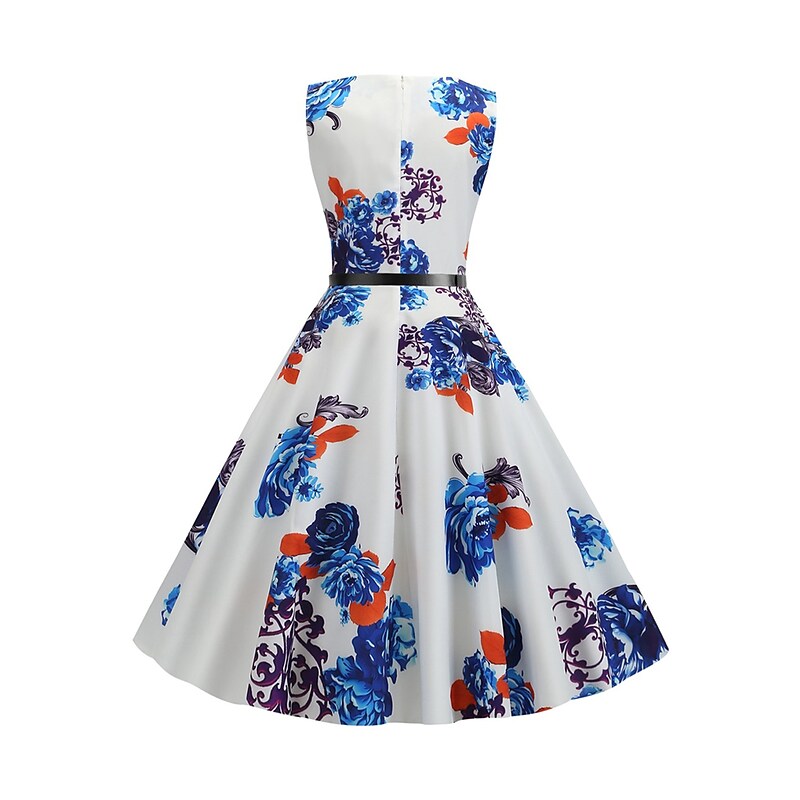 flowersverse Women's Elegant Retro Swing Dress Midi Dress Party Daily With Belt Print Floral Crew Neck Sleeveless Regular Fit Spring Summer  White Red S M L XL