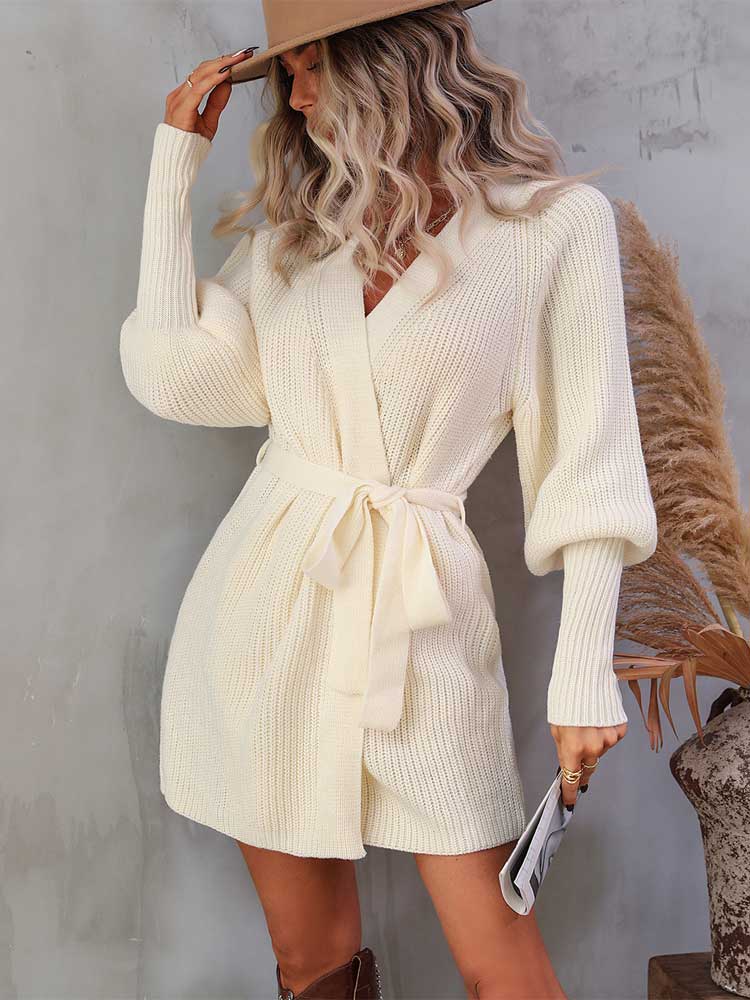 flowersverse Long Sleeve Casual Elegant Mini Sweater Dress Belt Tied