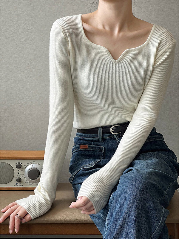 flowersverse Urban Skinny Long Sleeves Elasticity Solid Color V-Neck Sweater Tops Pullovers