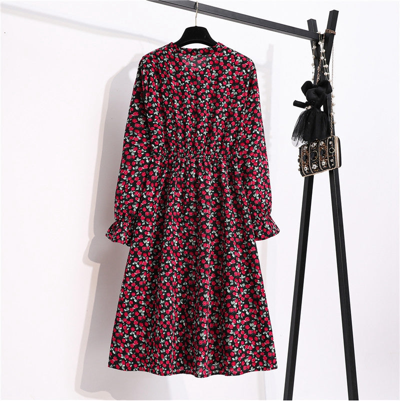 flowersverse Autumn Winter Ladies Chiffon High Elastic Waist Women Bow Aline Full Sleeve Flower Print Floral Party Dress Female Vestido