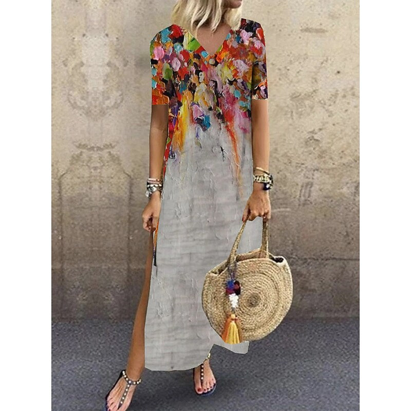 flowersverse Women's Casual Dress T Shirt Dress Tee Dress Shift Dress Long Dress Maxi Dress Black Red Navy Blue Short Sleeve Abstract Print Spring Summer Crew Neck Fashion Daily 2023 S M L XL XXL