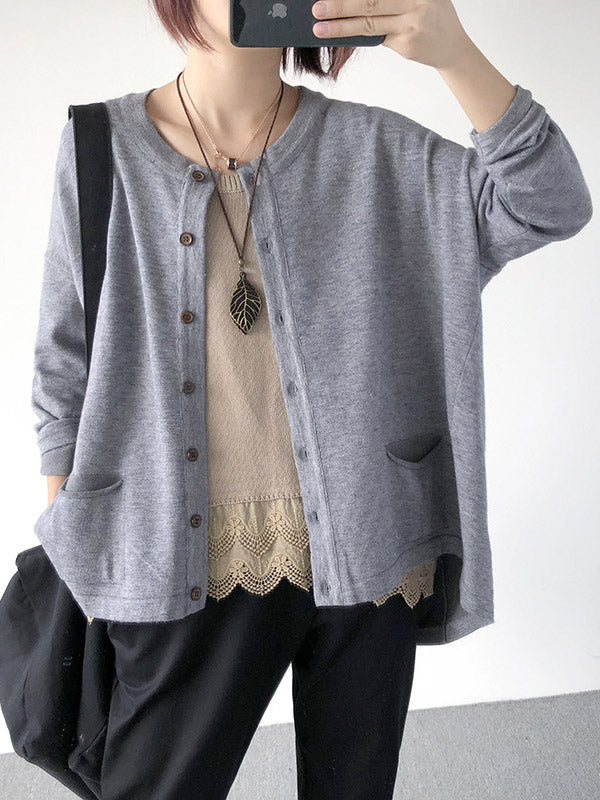 flowersverse Casual Loose Buttoned 8 Colors High-Low Round-Neck Long Sleeves Cardigan Tops