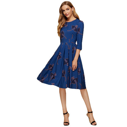 flowersverse Floral Pleated Round Neck Dress for Women