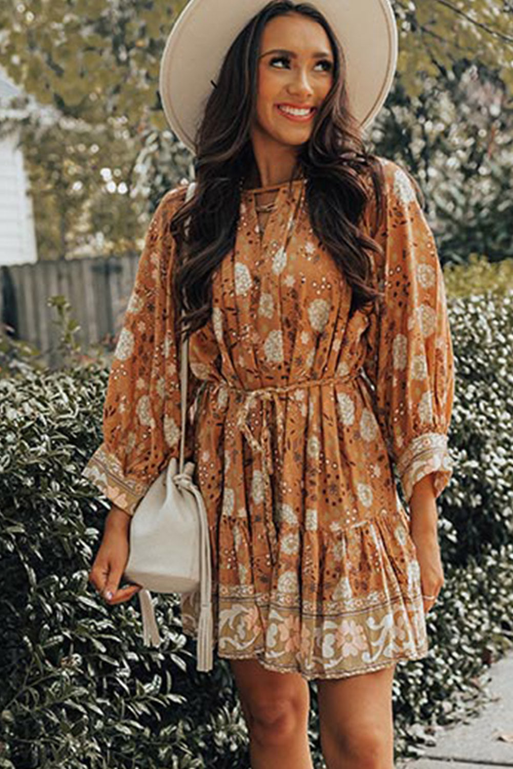 flowersverse Camel 3/4 Sleeve Tie-Waist Pleated Boho Floral Mini Dress