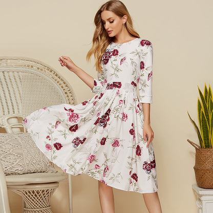 flowersverse Floral Pleated Round Neck Dress for Women