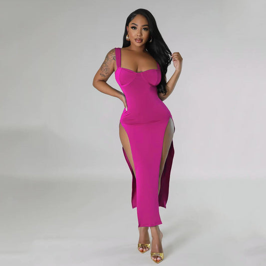 flowersverse Sleeveless Square Neck Split Bodycon Midi Dresses