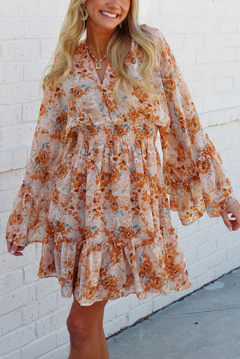 flowersverse Orange Floral Smocked Waist Dress