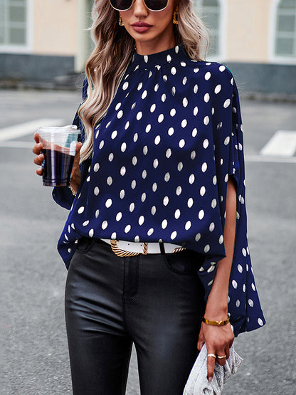 flowersverse Bandage Polka Dot Loose Round-Neck Blouses&Shirts Tops