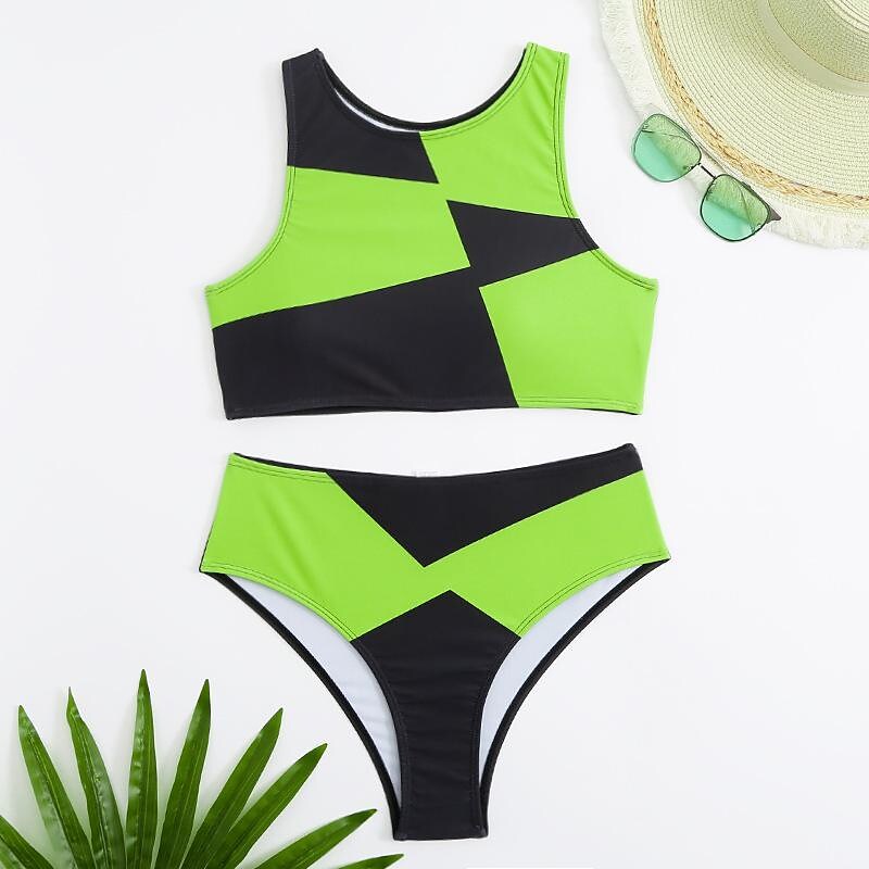 flowersverse Women's Swimwear Bikini Normal Swimsuit 2 Piece Printing Color Block Green Khaki Bathing Suits Sports Summer