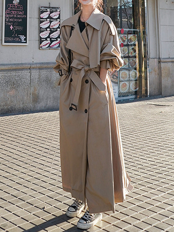 flowersverse Buckle Buttoned Split-Back Tied Waist Long Sleeves Loose Lapel Trench Coats Outerwear