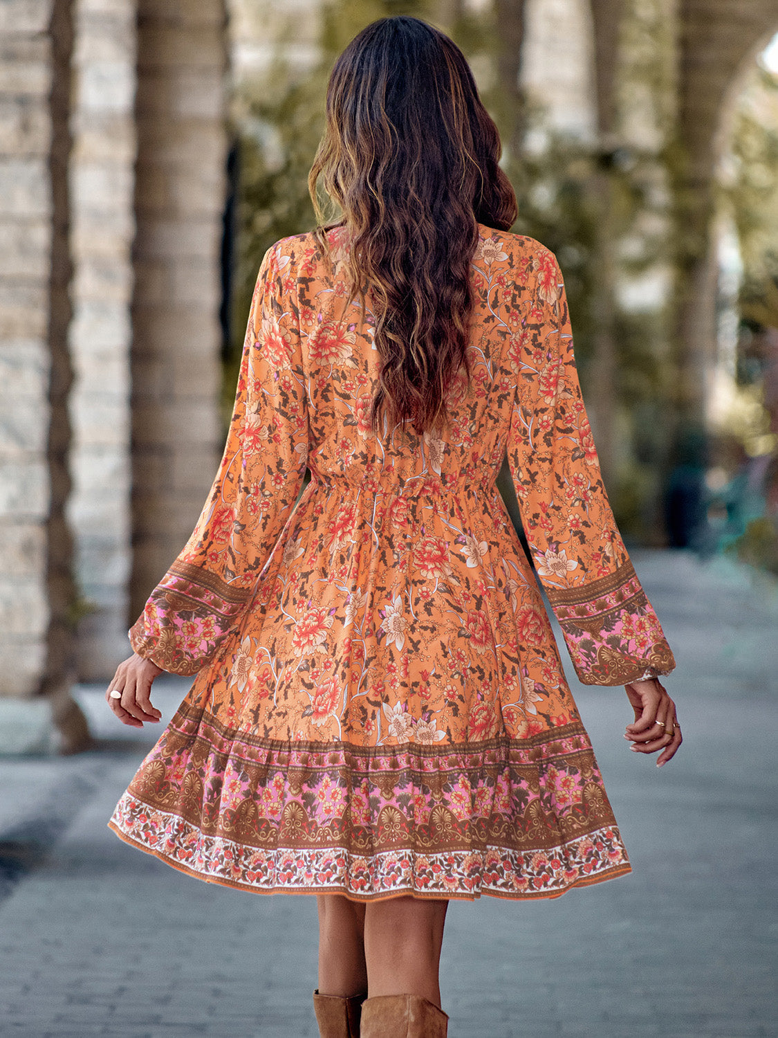 flowersverse Bohemian Chic Floral Print V-Neck Long Sleeve Dress