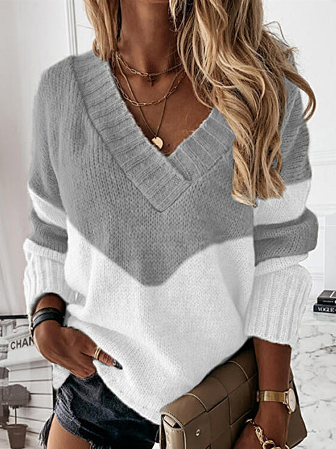 flowersverse Casual Long Sleeves Loose Contrast Color V-Neck Sweater Tops