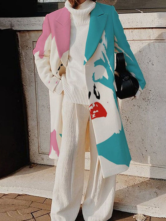 flowersverse Contrast Color Figure Notched Collar Outerwear Woolen Coat