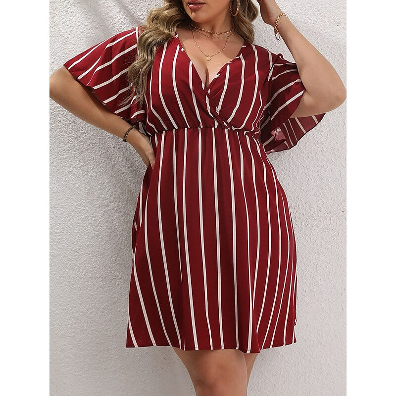 flowersverse Women's Plus Size Casual Dress A Line Dress Stripe Mini Dress Short Sleeve Print V Neck Fashion Outdoor ArmyGreen Black Spring Summer L XL XXL 3XL 4XL