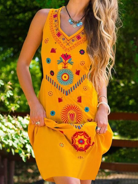 flowersverse Vintage Sleeveless Boho Floral Geometric Plus Size Casual Weaving Dress