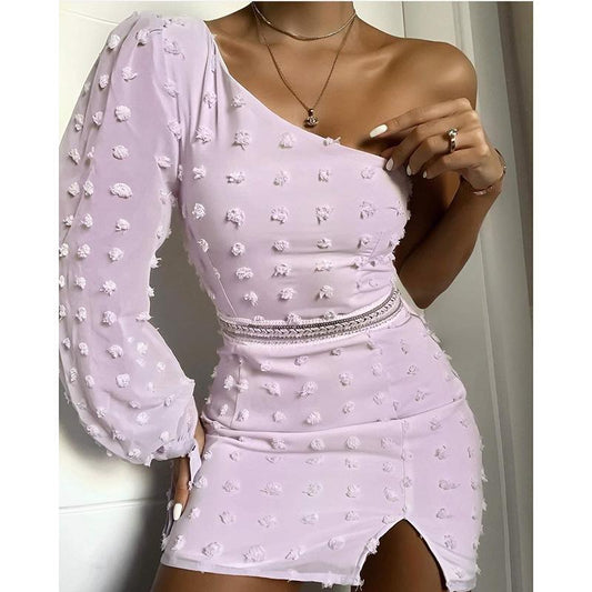 flowersverse Women One Shoulder Long Sleeve Dress Slit Hem Bodycon Chiffon Dress Summer Fashion Mini Party Dresses Sexy Vestidos