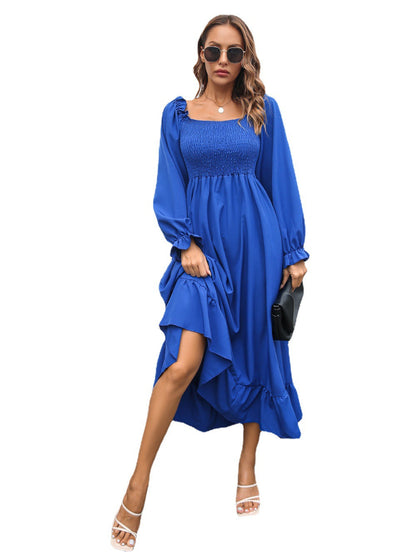 flowersverse Women's Crepe Press Casual Ruffled Square Collar Large Swing Dress Long Skirt