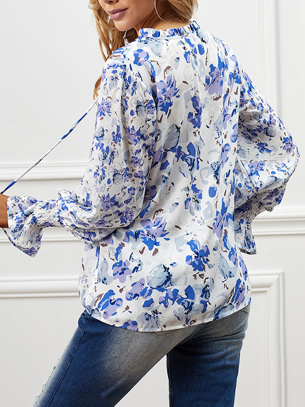 flowersverse Buttoned Elasticity Hollow Printed Tied Flared Sleeves Long Sleeves V-Neck Blouses&Shirts Tops