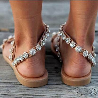 flowersverse Women's Sandals Mules Boho Beach Shoes Rhinestone Lace Beading Flat Slippers