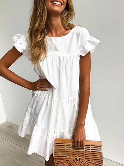 flowersverse White Casual Cotton Short Sleeve Weaving Dress