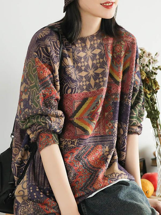 flowersverse Ethnic Style Round Neck Print Sweater