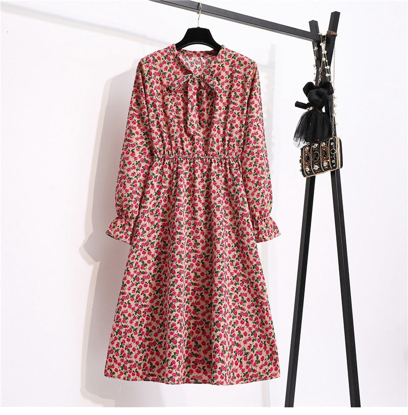 flowersverse Autumn Winter Ladies Chiffon High Elastic Waist Women Bow Aline Full Sleeve Flower Print Floral Party Dress Female Vestido