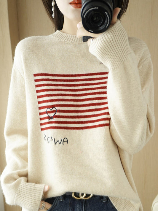 flowersverse Casual Loose Long Sleeves Striped Round-Neck Sweater Tops