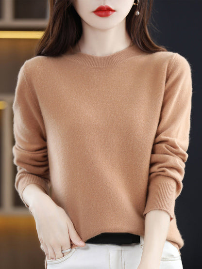 flowersverse Casual Long Sleeves Loose Solid Color Round-Neck Sweater Tops