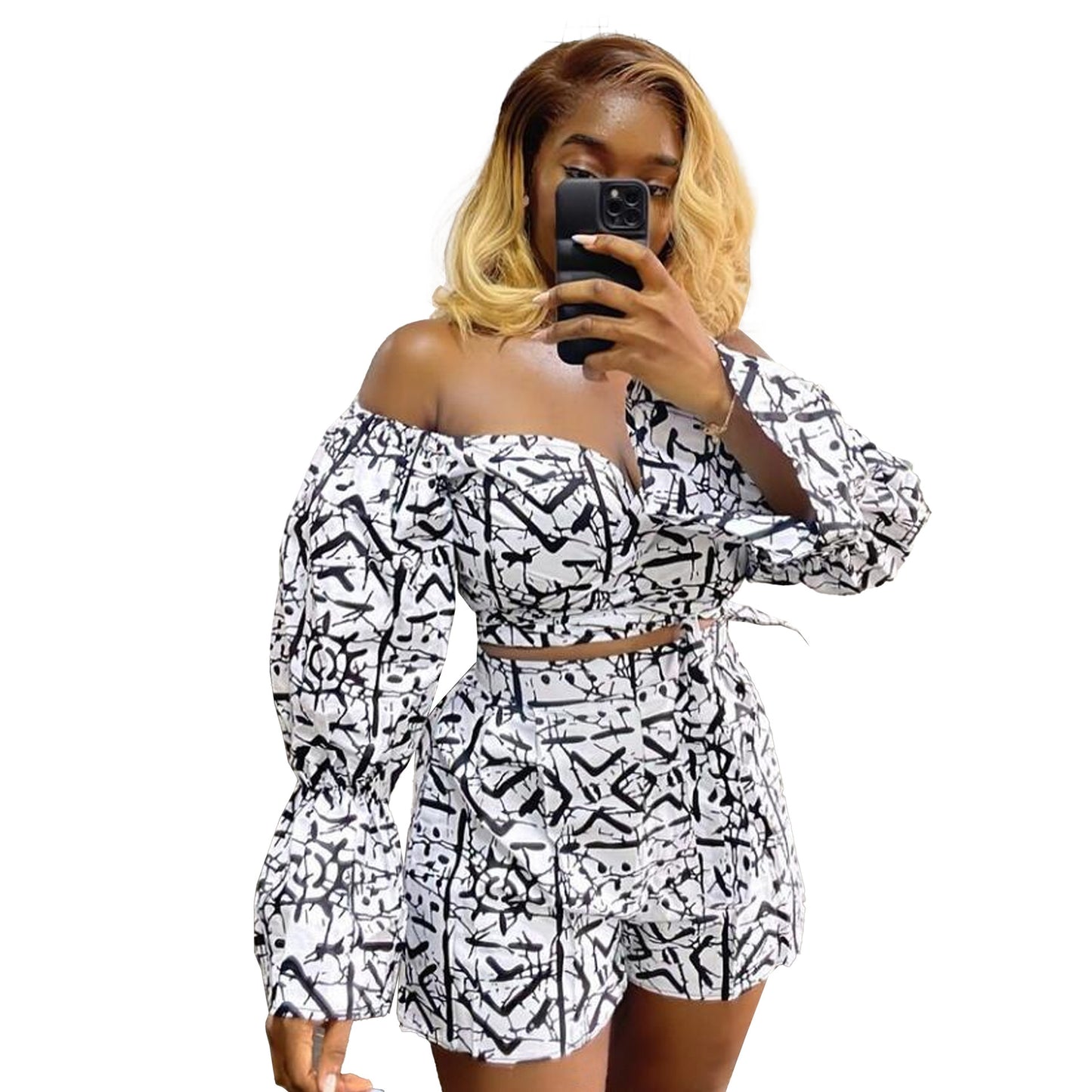 flowersverse Sexy Slim Abstract Print Lace-Up Plus Size High Waist Shorts Two-Piece Set