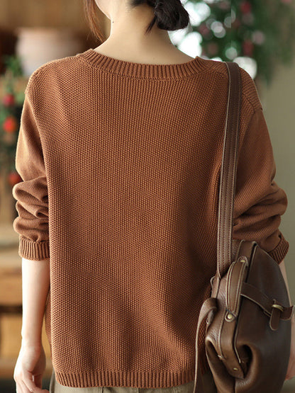 flowersverse Simple Loose Long Sleeves Buttoned Solid Color Round-Neck Cardigan Tops