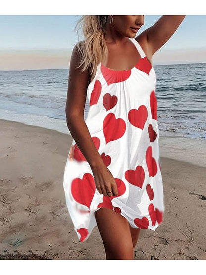 flowersverse Women's Strap Dress Mini Dress Sleeveless Heart Print Spring Summer Halter Casual Loose Fit  S M L XL XXL