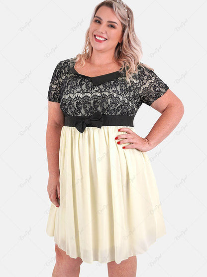 flowersverse Plus Size Lace Panel Chiffon Mini A Line Dress