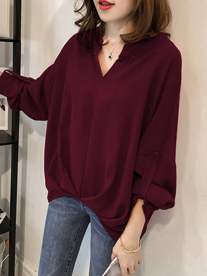 flowersverse Casual Long Sleeves Loose Solid Color V-Neck Blouses&Shirts Tops