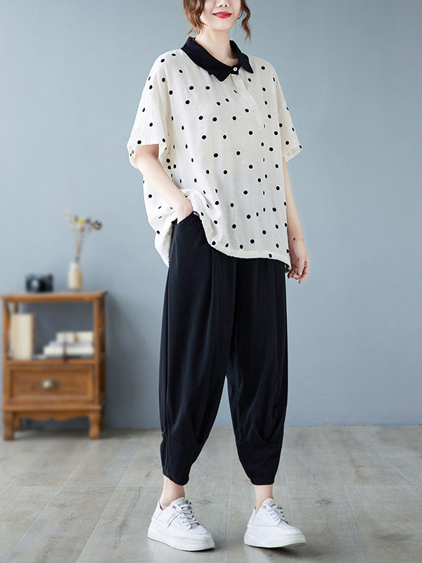 flowersverse Artistic Retro Loose Polka-Dot Blouse