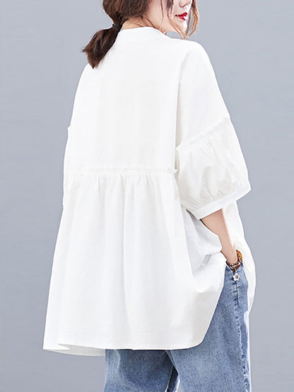 flowersverse Artistic Retro Loose Half Sleeves Pleated Falbala Split-Joint Solid Color Blouses