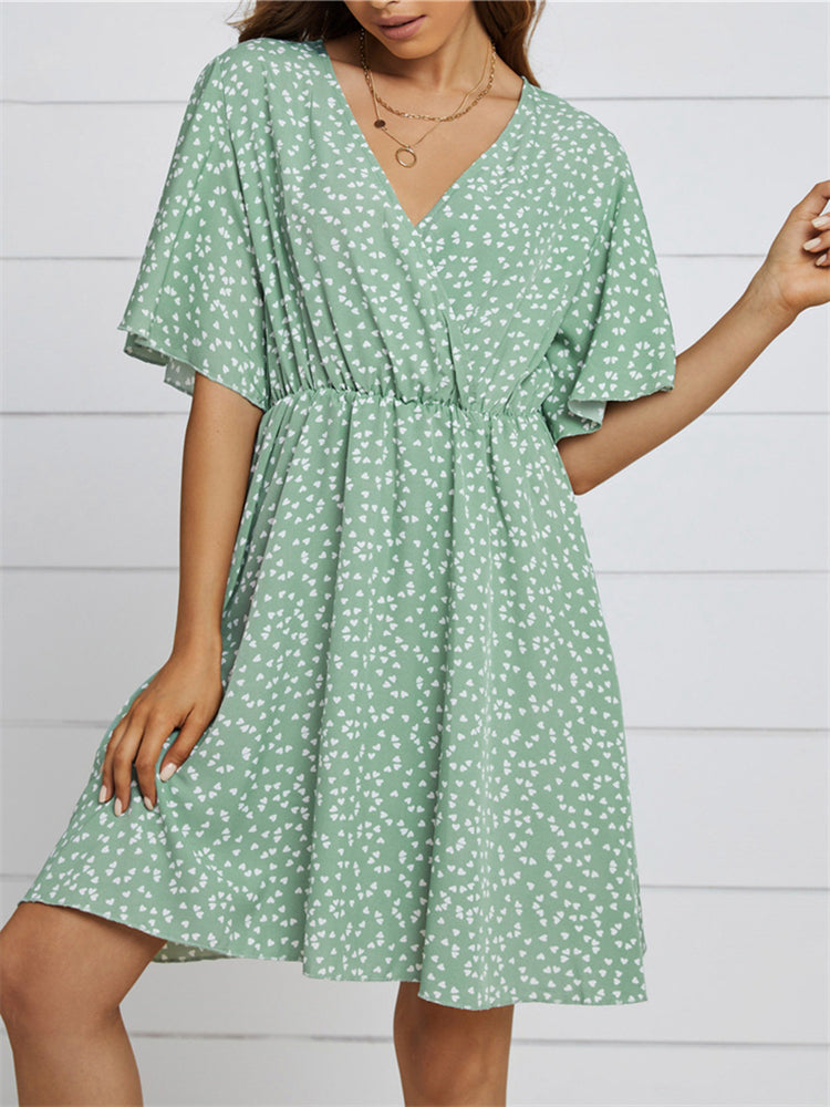 flowersverse Spring Summer Chiffon Dress Women V-Neck Love Dot Print Short Dresses Sweet Ruffle Sleeve Slim Ladies Drawstring Dress