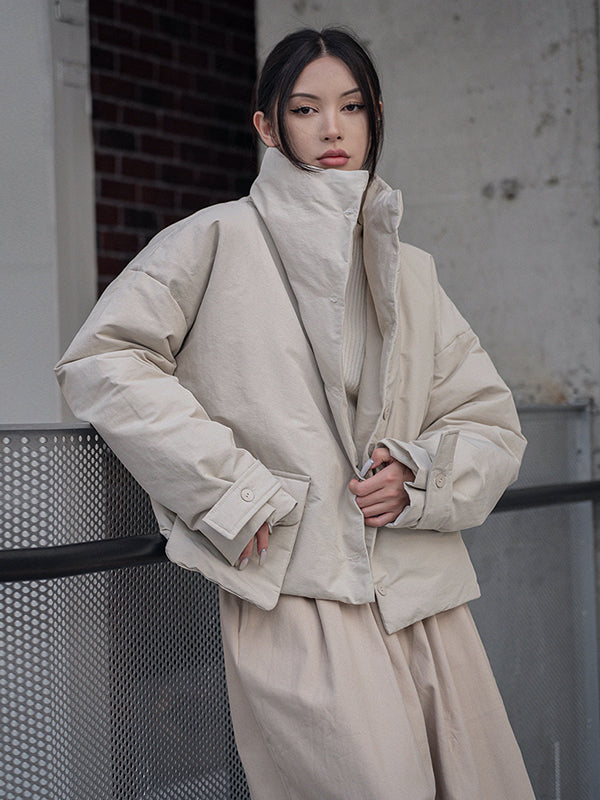 flowersverse Urban Long Sleeves Buttoned Asymmetric Solid Color Stand Collar Padded Coat