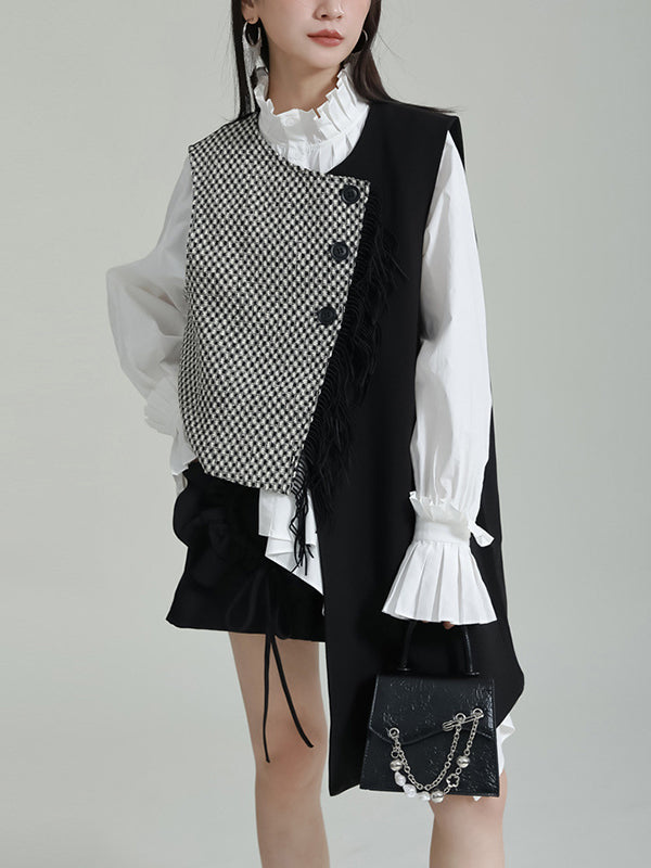 flowersverse Asymmetric Buttoned Houndstooth Ruffle Sleeves Sleeveless Vest Outerwear