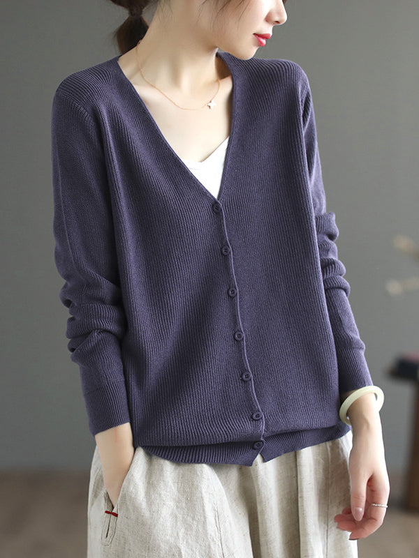 flowersverse Solid Color Long Sleeves Loose V-Neck Cardigan Tops