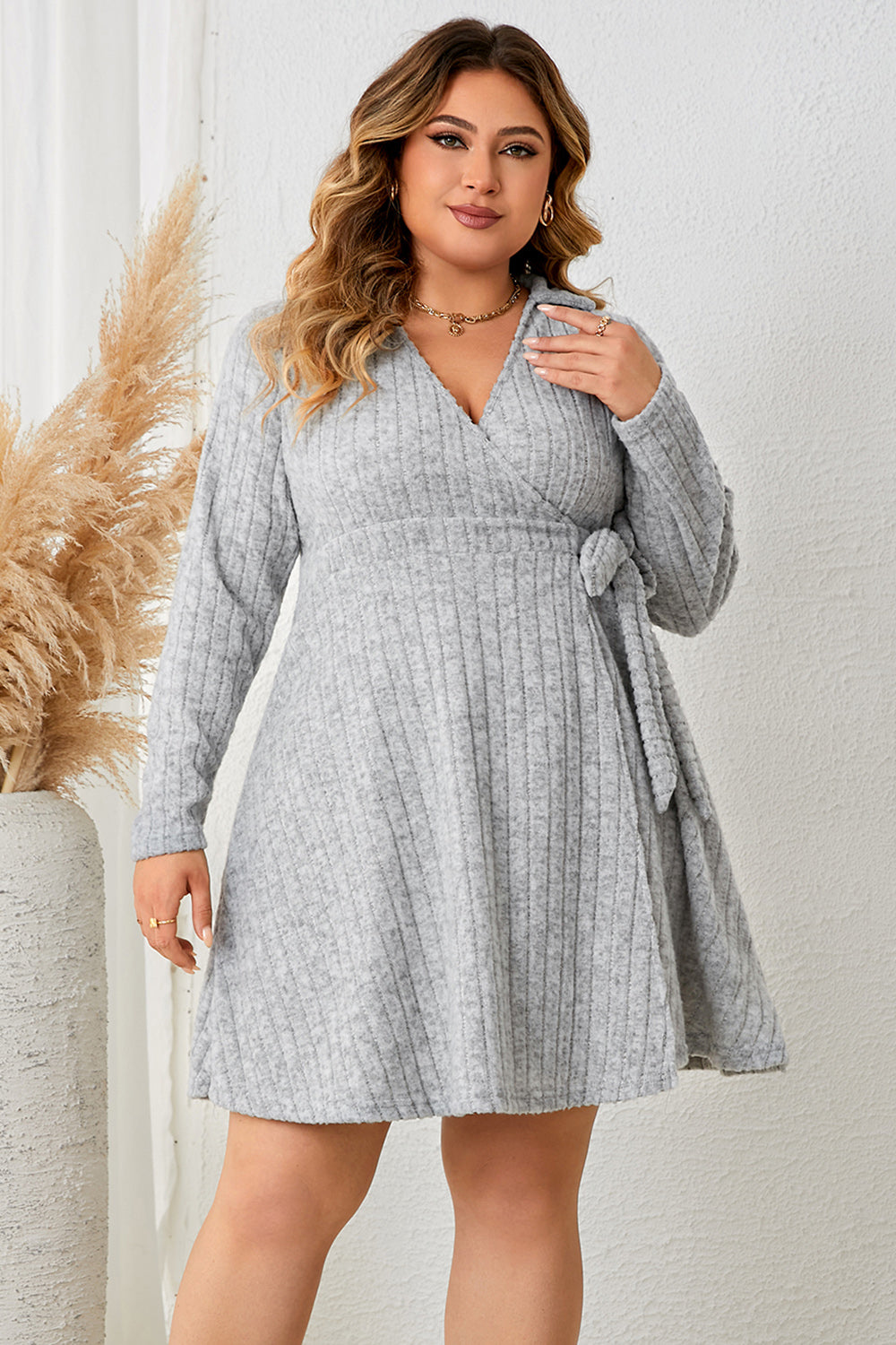 flowersverse Plus Size Collared Neck Long Sleeve Tied Dress