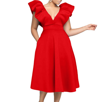 flowersverse Women's Deep V Neck Sexy Swing Formal Party Dress