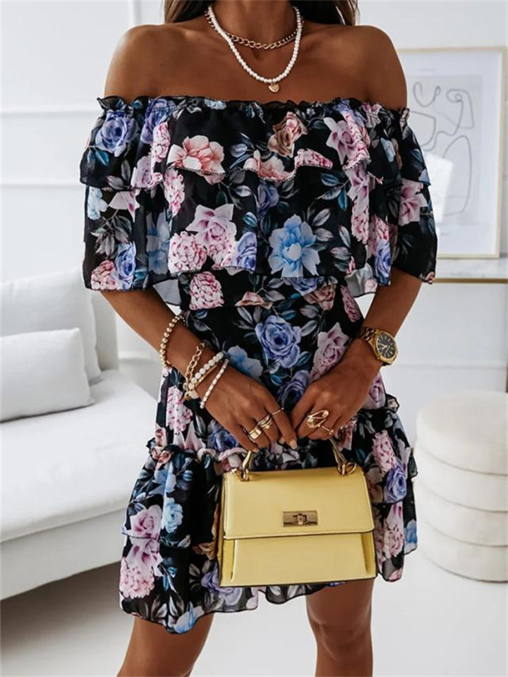 flowersverse Off-The-Shoulder Chiffon Print Commuter Waist Dress