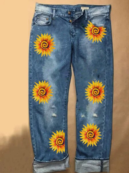 flowersverse Vintage Casual Plus Size Floral Printed Jeans Jeans